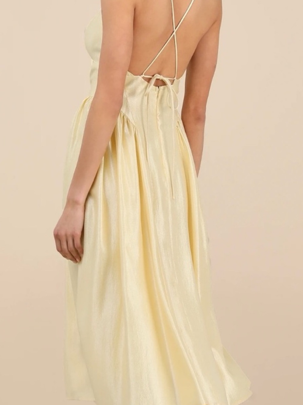 Elegant Pale Yellow Midi Dress with Spaghetti Straps - Picture 5 of 8